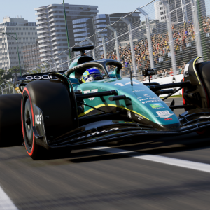 Screenshot of Fernando Alonso's Aston Martin AMR23 racing at Australia in the F1 23 video game