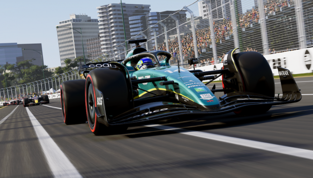 Screenshot of Fernando Alonso's Aston Martin AMR23 racing at Australia in the F1 23 video game