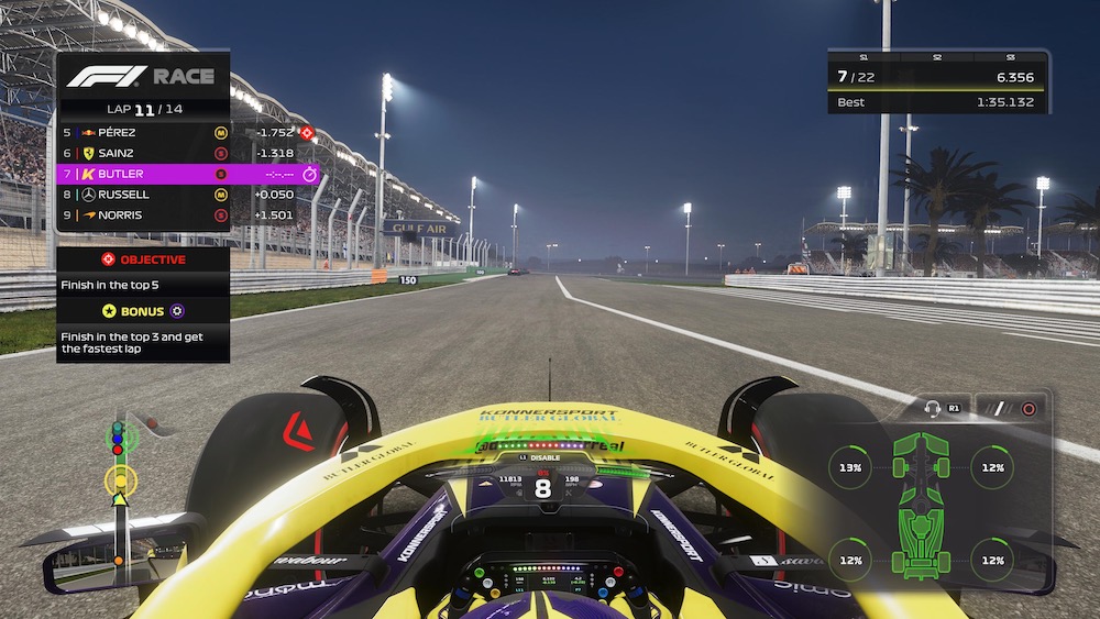 Screenshot of F1 23 on PlayStation 5 - Konnersport car racing at the Bahrain GP