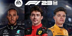 F1 23 game cover image featured Lewis Hamilton, Charles Leclerc and Lando Norris