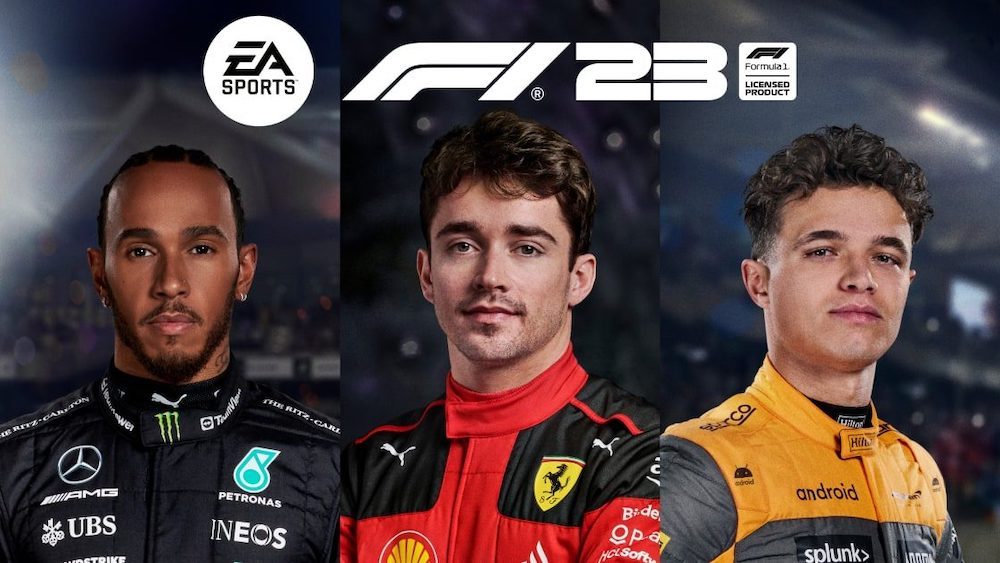 F1 23 game cover image featured Lewis Hamilton, Charles Leclerc and Lando Norris